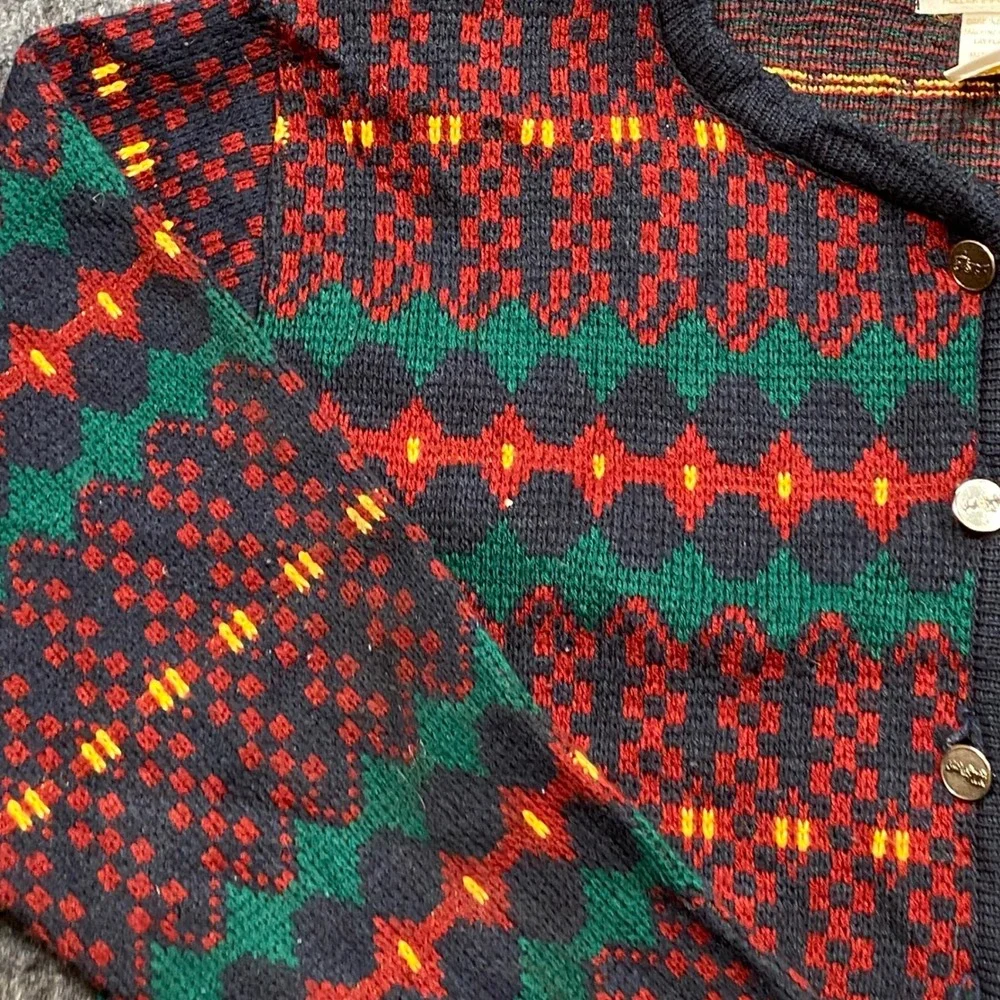 Tally-Ho Vintage Grandmacore Womens PM Fair Isle Geometric Knit Cardigan Sweater